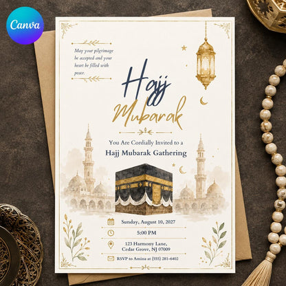Hajj Mubarak Invitation: Islamic Celebration — editable Canva template