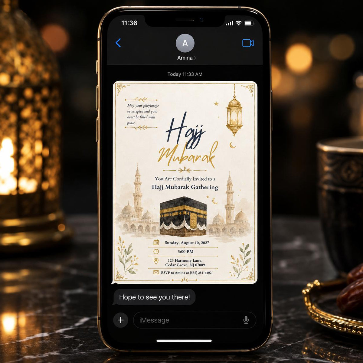 Hajj Mubarak Invitation: Islamic Celebration — invitation you personalize in Canva