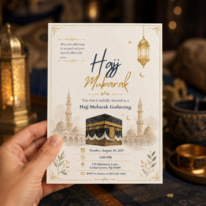 Hajj Mubarak Invitation: Islamic Celebration — print-ready hajj return design from VoltBy