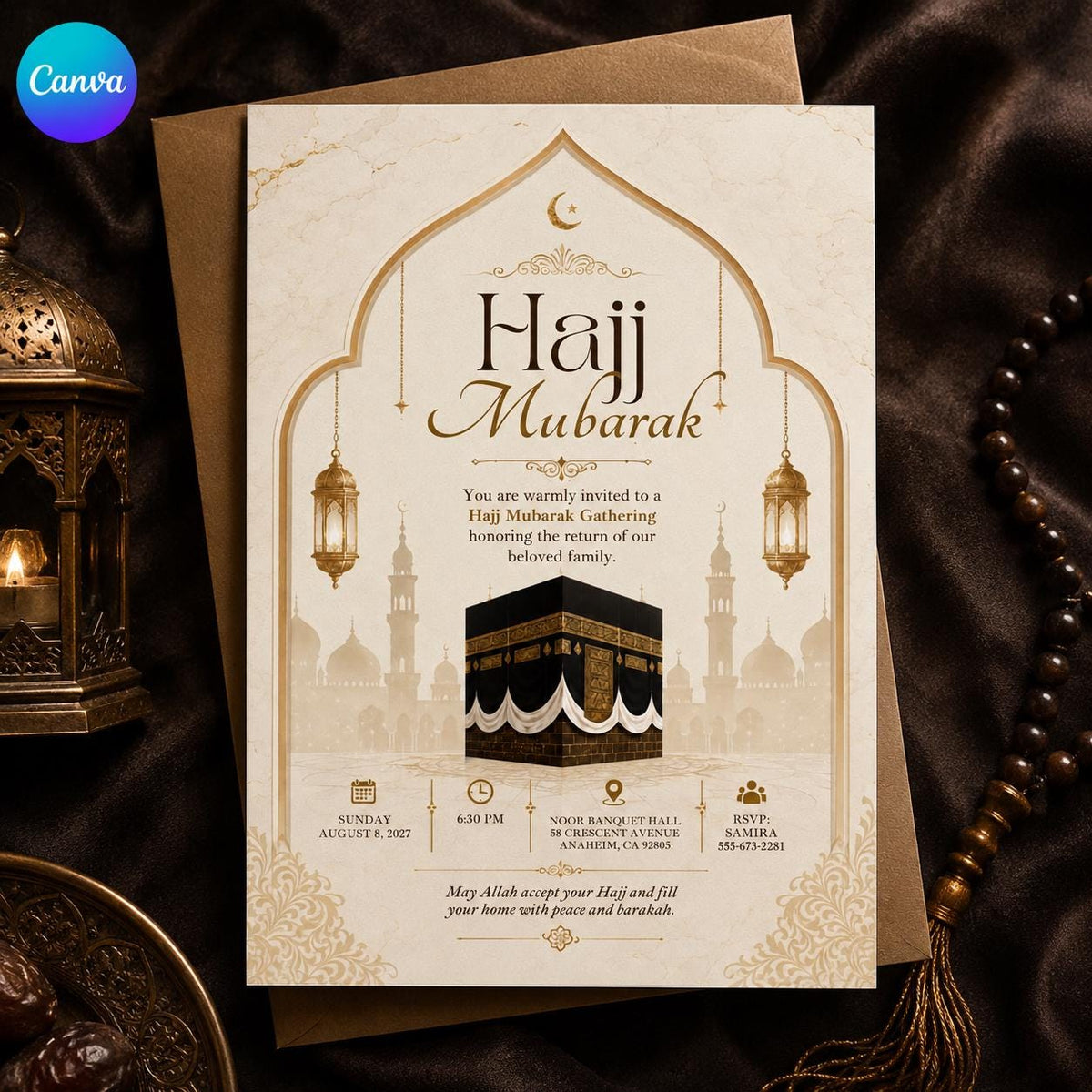 Hajj Mubarak Invitation: Islamic Celebration Gathering — editable Canva template