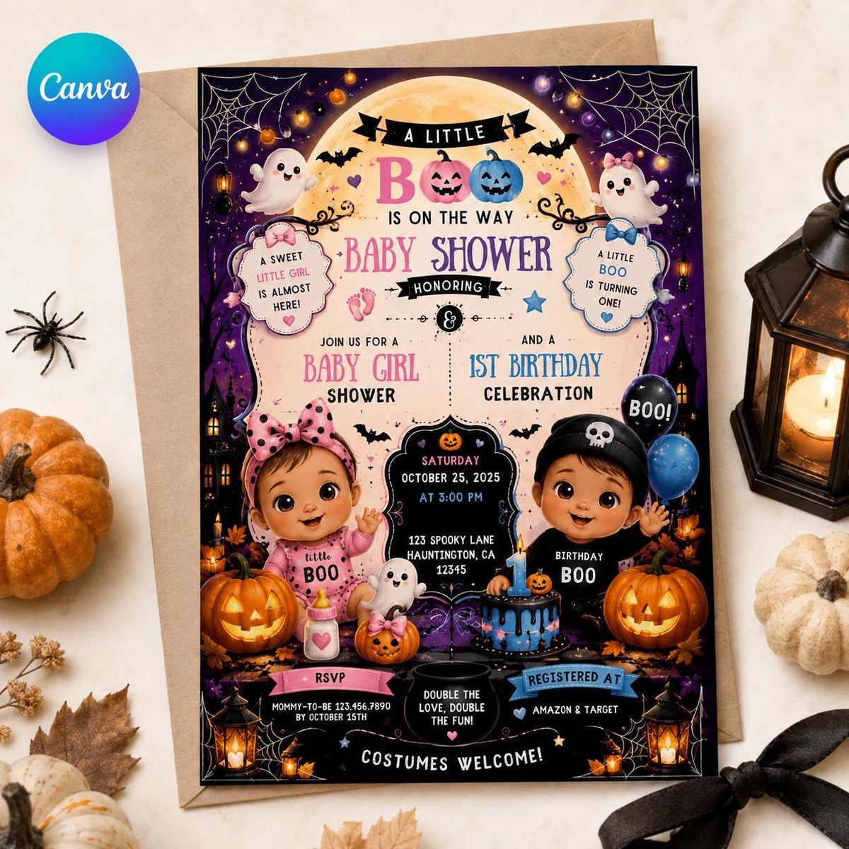 Halloween Baby Shower and First Birthday Invitation for Girls — editable Canva template