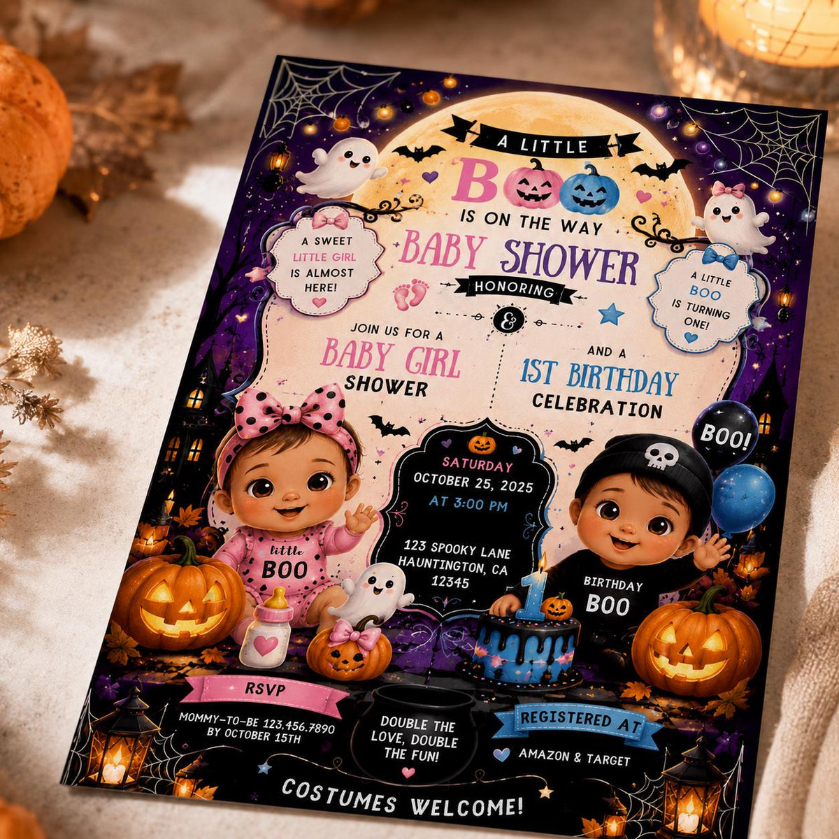Halloween Baby Shower and First Birthday Invitation for Girls — invitation you personalize in Canva