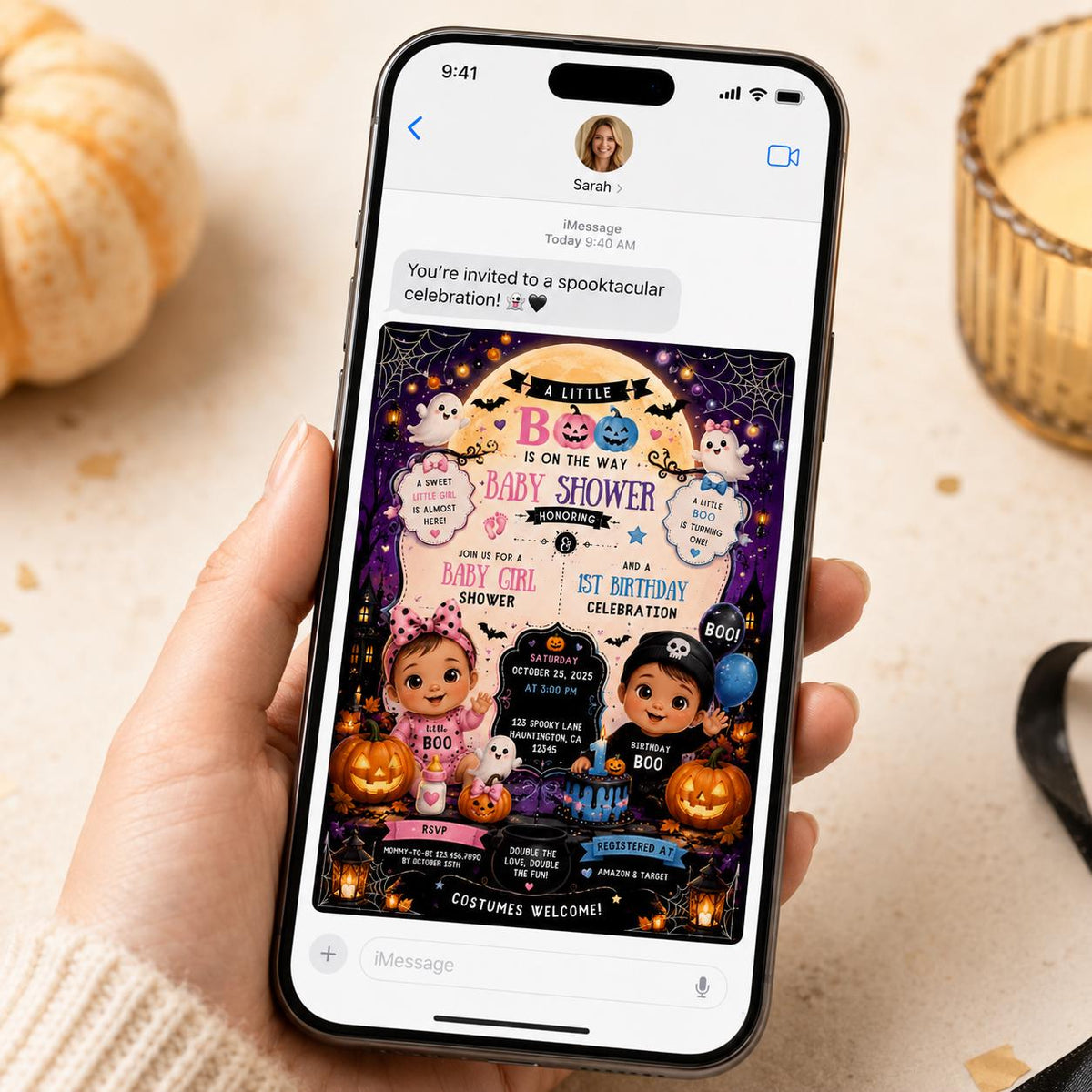 Halloween Baby Shower and First Birthday Invitation for Girls — print-ready baby shower design from VoltBy