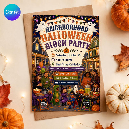 Halloween Block Party Invitation: Neighborhood Costume Parade and Potluck Flyer — editable Canva template