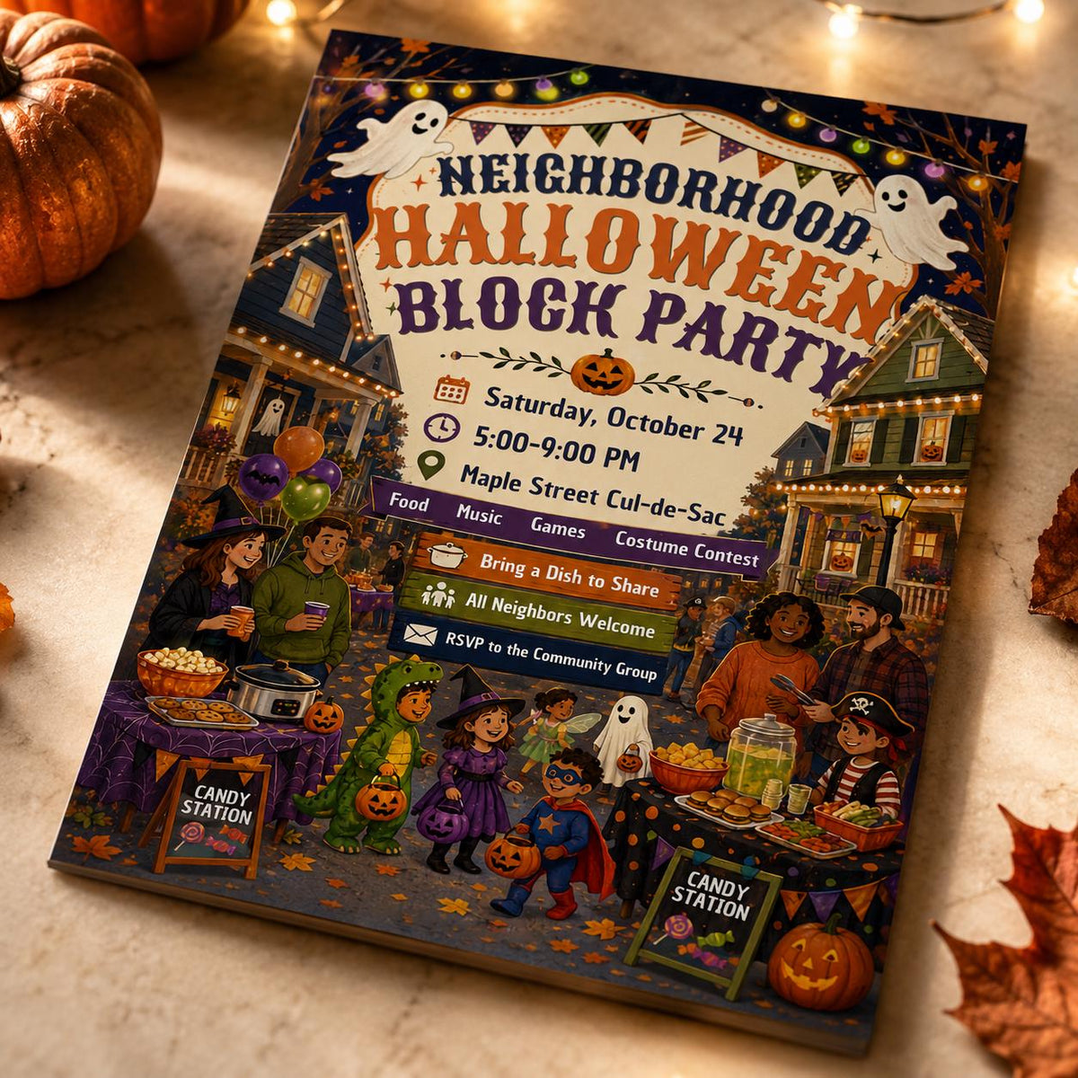 Halloween Block Party Invitation: Neighborhood Costume Parade and Potluck Flyer — print-ready Halloween party design