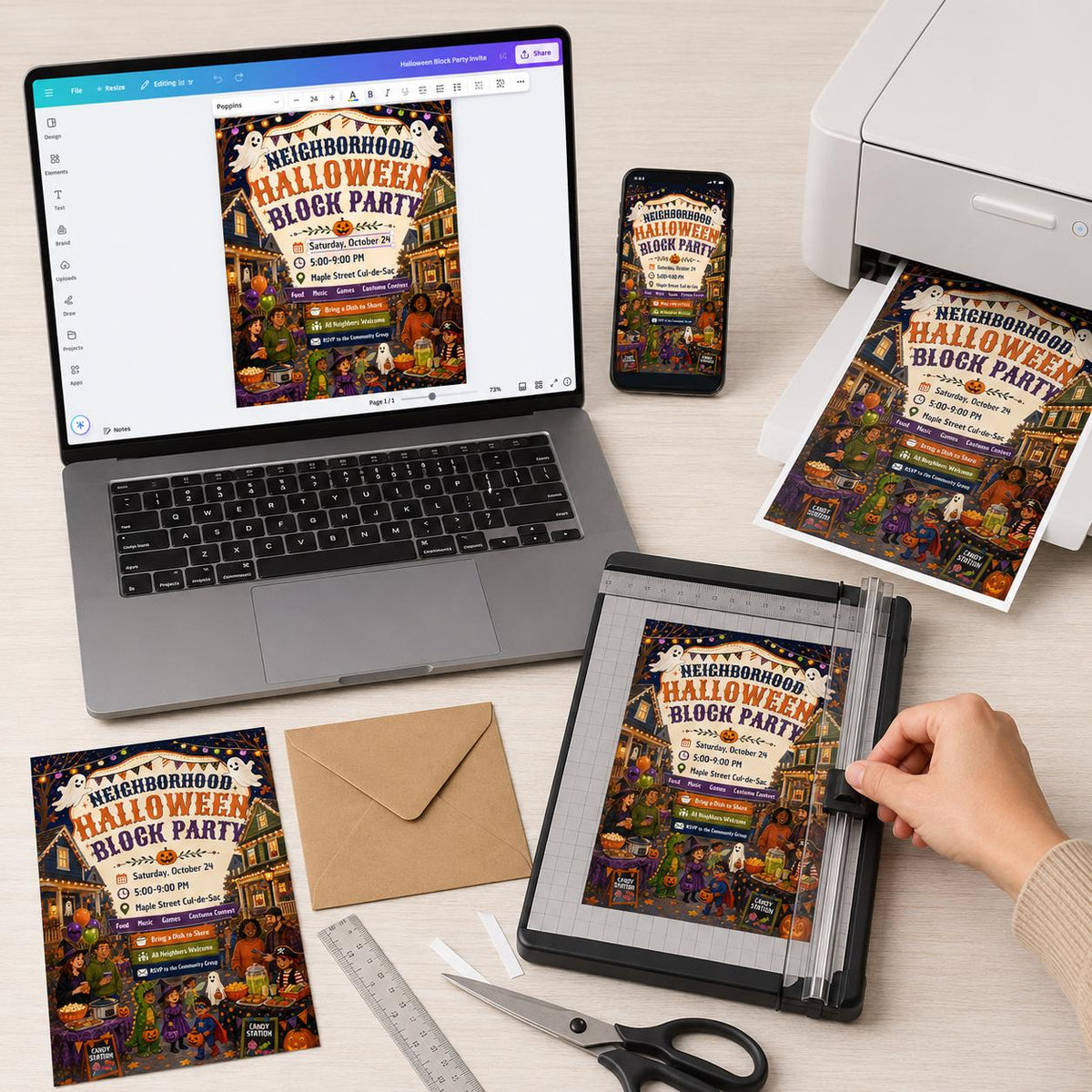 Halloween Block Party Invitation: Neighborhood Costume Parade and Potluck Flyer — digital invitation, instant download