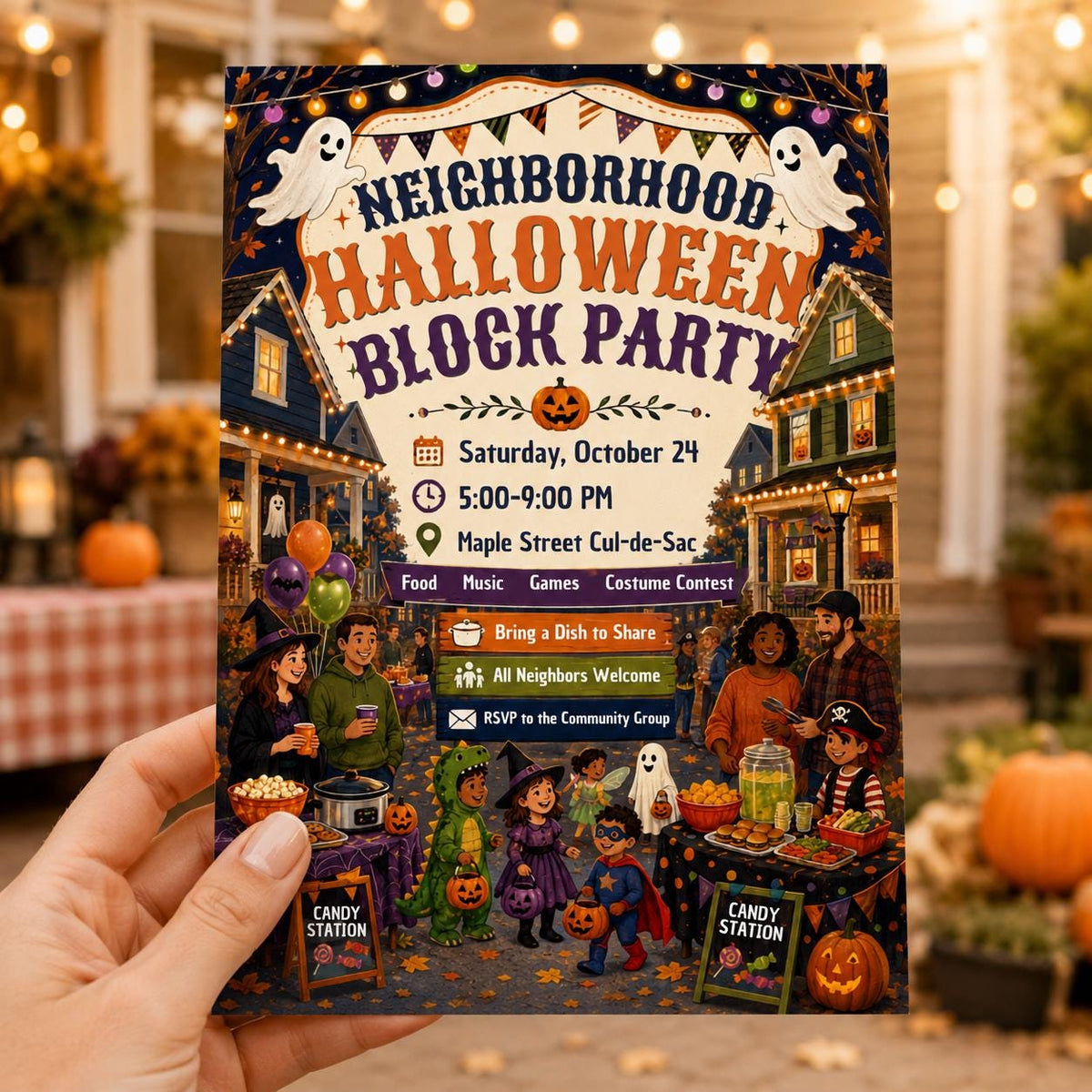 Halloween Block Party Invitation: Neighborhood Costume Parade and Potluck Flyer — Halloween party stationery by VoltBy
