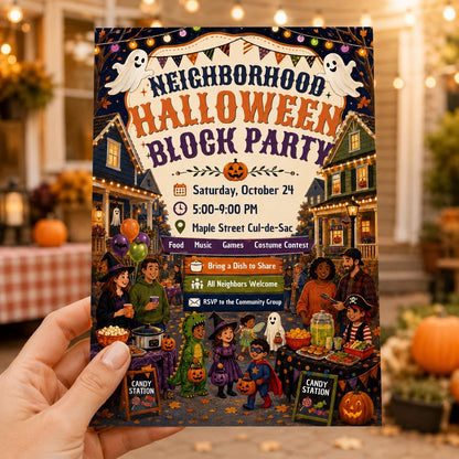 Halloween Block Party Invitation: Neighborhood Costume Parade and Potluck Flyer — Halloween party stationery by VoltBy