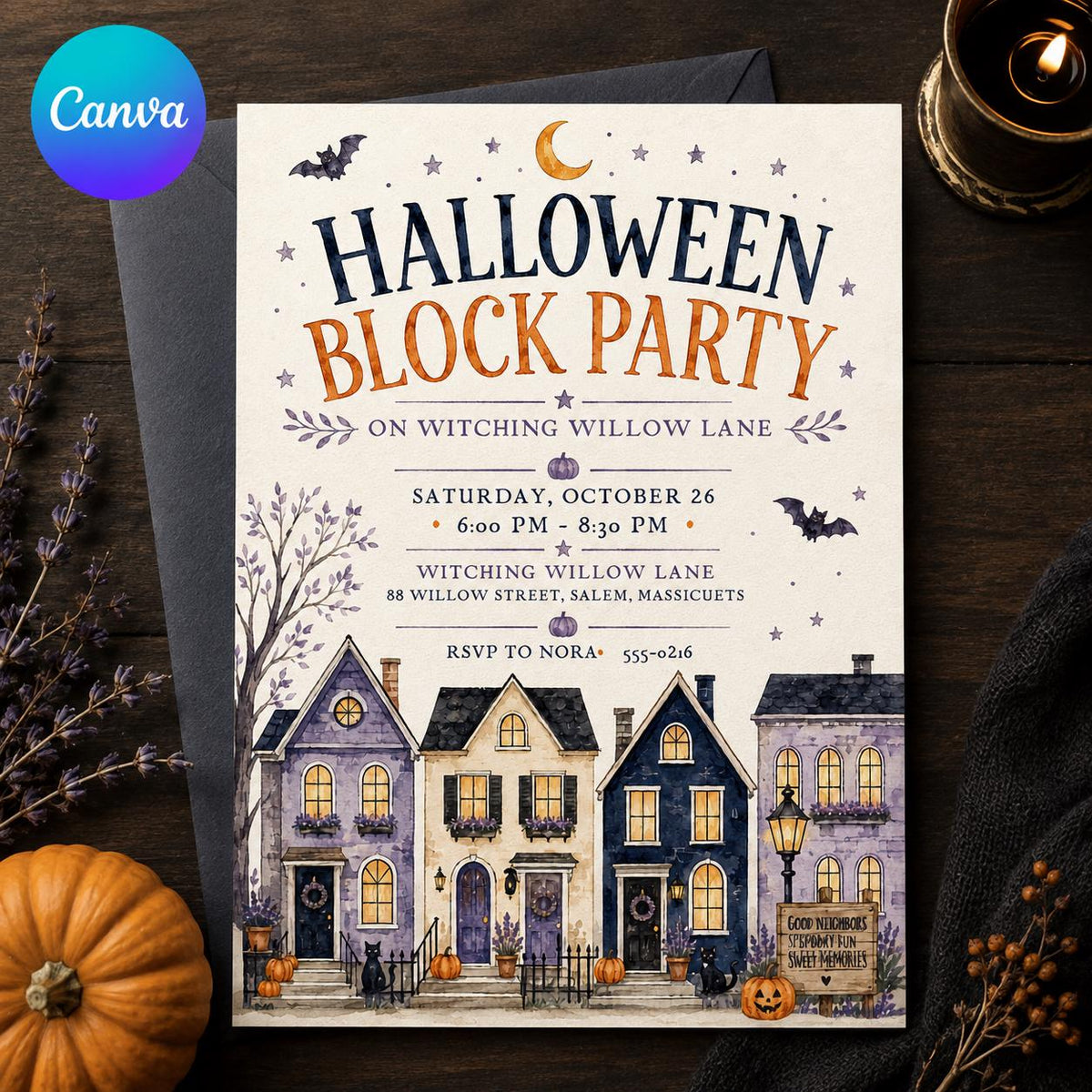 Halloween Block Party Invitation: Spooky Fall Community Event — editable Canva template