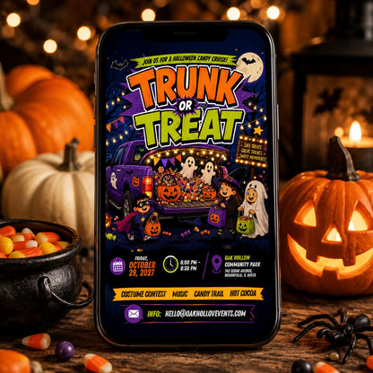 Halloween Candy Cruise Trunk or Treat Flyer in green and orange