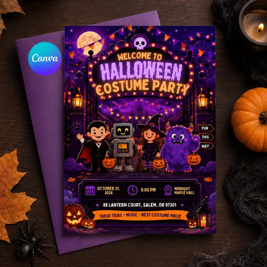Halloween Costume Party Invitation: Cute Kids Trick or Treat Party — editable Canva template