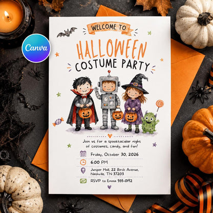 Halloween Costume Party Invitation: Kids Spooky Trick or Treat — editable Canva template