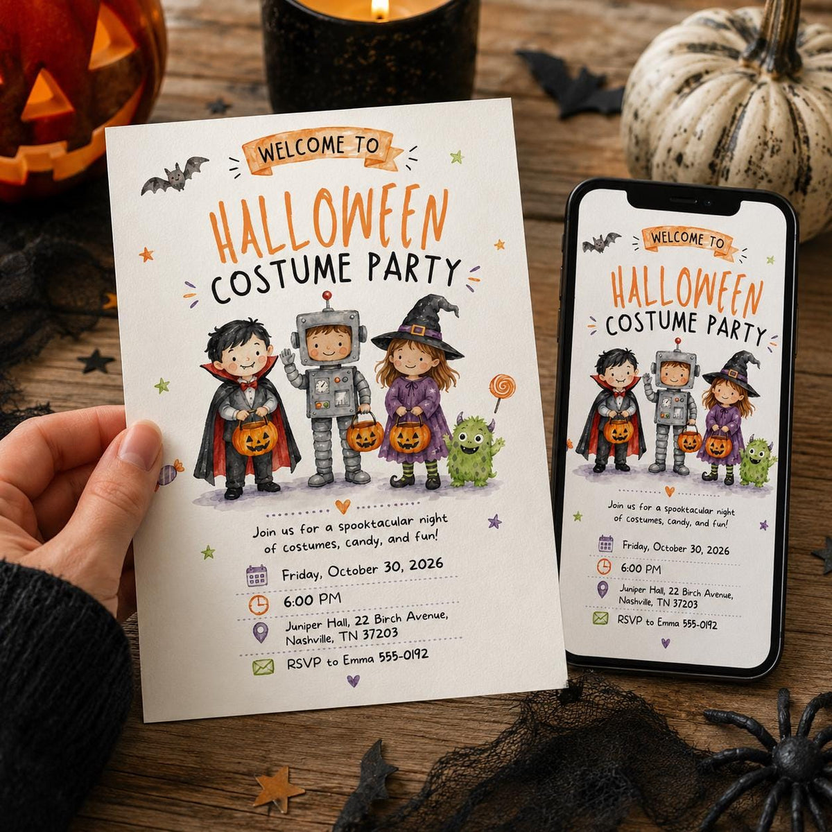Halloween Costume Party Invitation: Kids Spooky Trick or Treat — print-ready Halloween party design from VoltBy