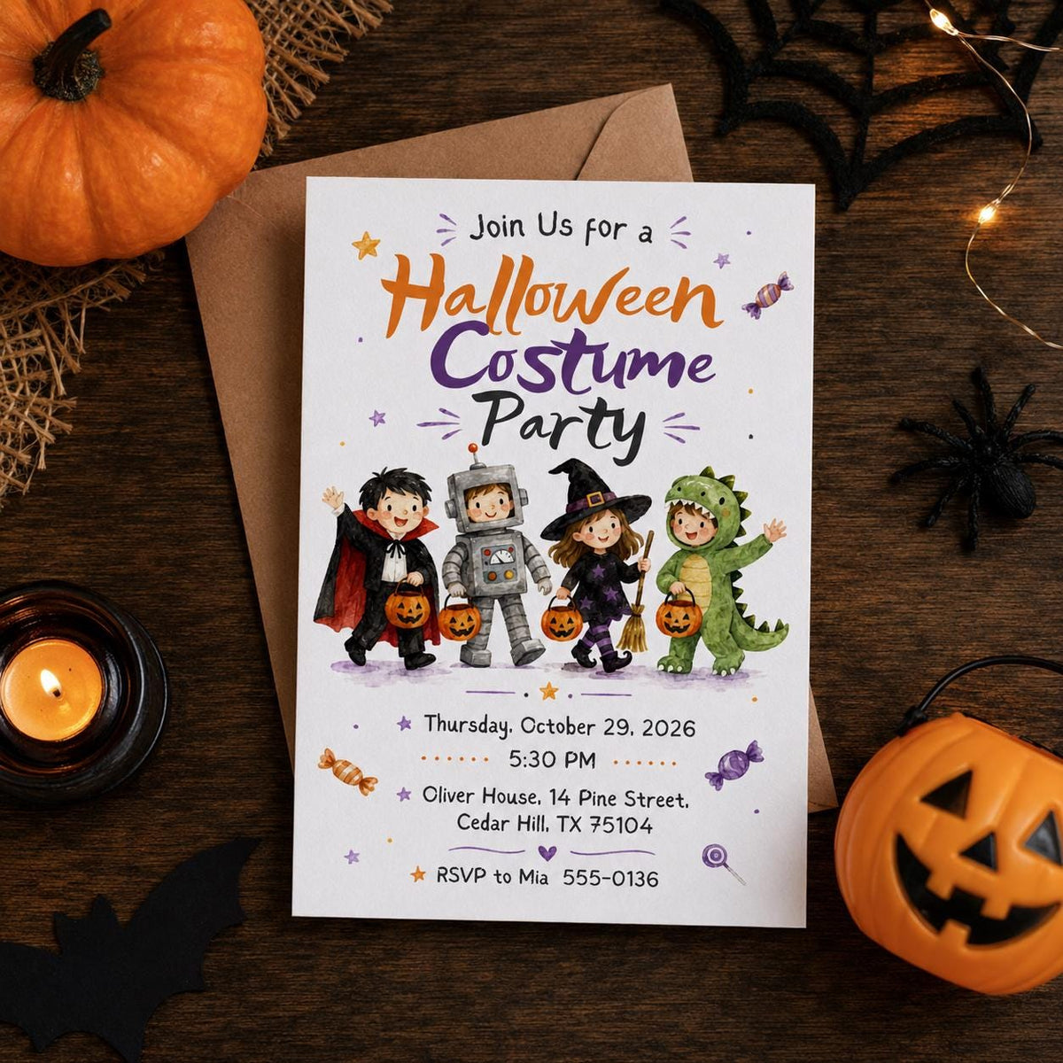 Halloween Costume Party Invitation: Kids Trick or Treat Party — print-ready Halloween party design from VoltBy