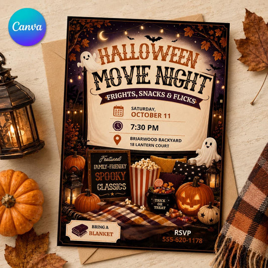 Halloween Movie Night Invitation: Backyard Cinema Party — editable Canva template