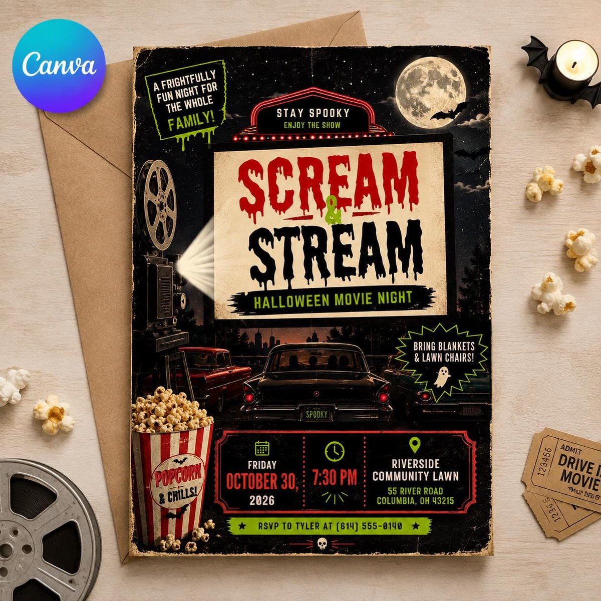Halloween Movie Night Invitation: Outdoor Backyard Movie Party — editable Canva template