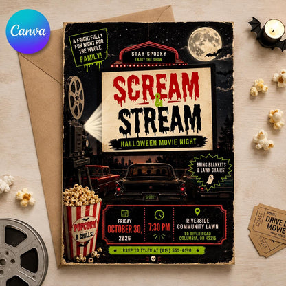 Halloween Movie Night Invitation: Outdoor Backyard Movie Party — editable Canva template