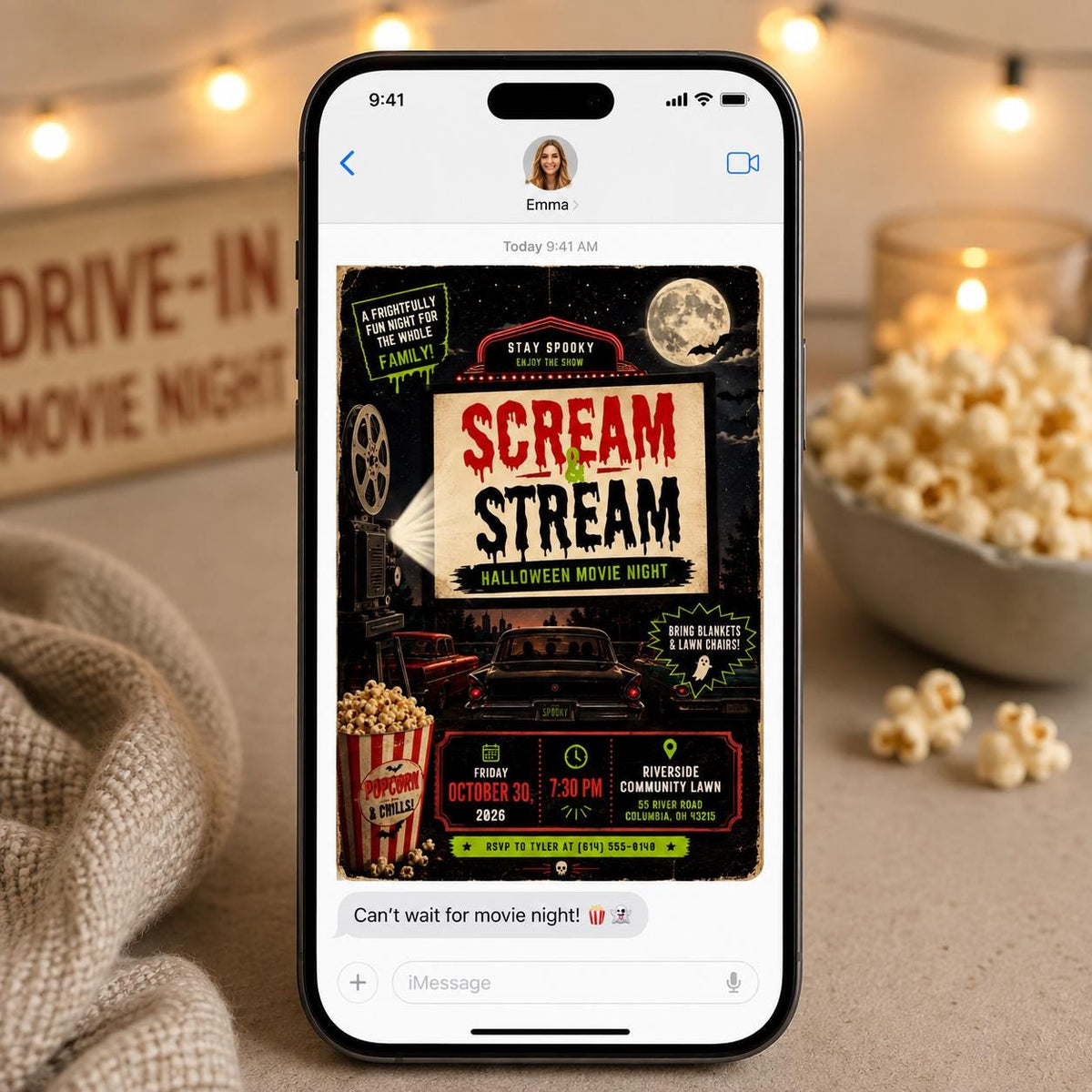 Halloween Movie Night Invitation: Outdoor Backyard Movie Party — invitation you personalize in Canva