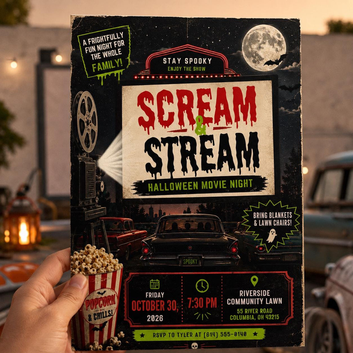 Halloween Movie Night Invitation: Outdoor Backyard Movie Party — print-ready Halloween party design from VoltBy