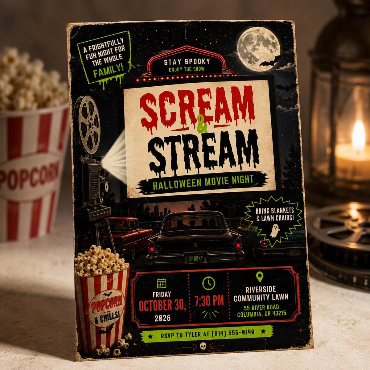 Halloween Movie Night Invitation: Outdoor Backyard Movie Party — Halloween party stationery by VoltBy