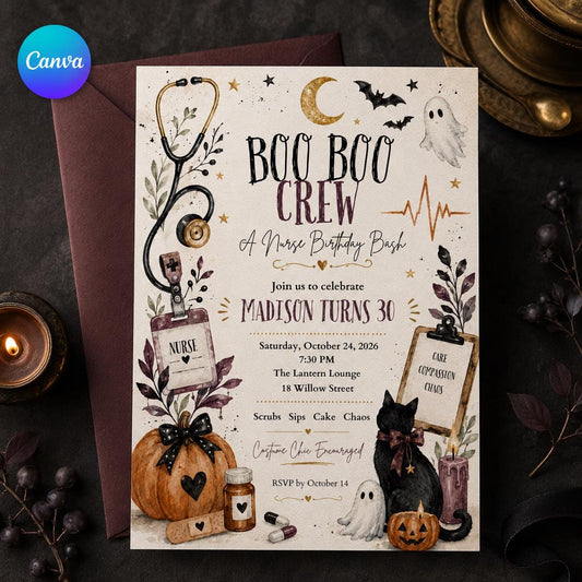 Halloween Nurse 30th Birthday Invitation — editable Canva template