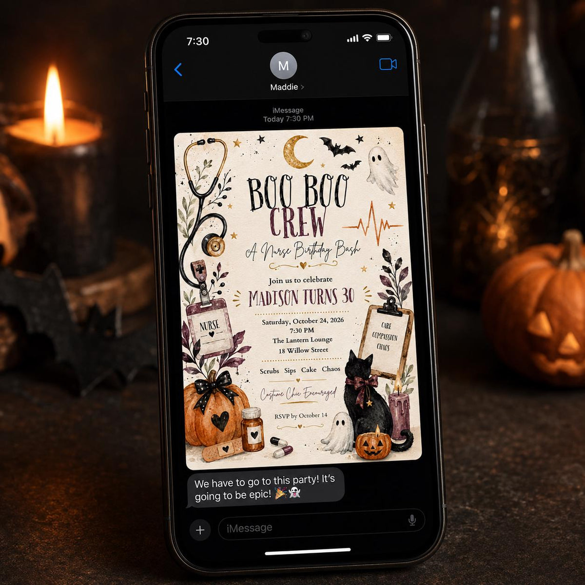 Halloween Nurse 30th Birthday Invitation — invitation you personalize in Canva