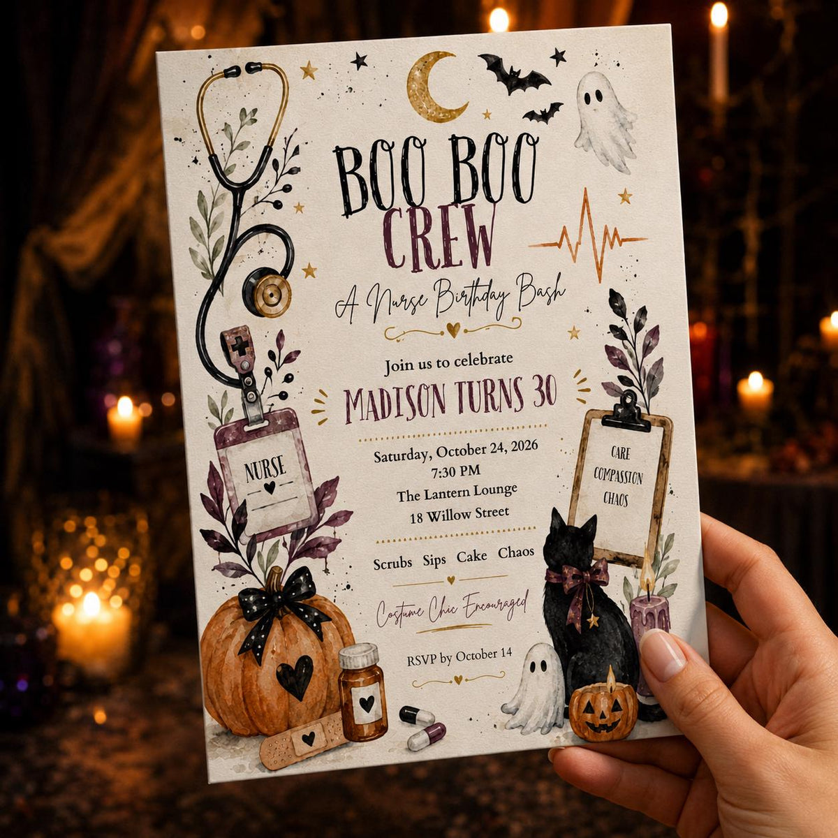 Halloween Nurse 30th Birthday Invitation — print-ready 30th birthday party design from VoltBy