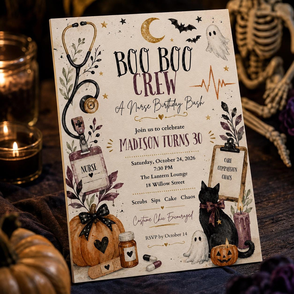 Halloween Nurse 30th Birthday Invitation — 30th birthday party stationery by VoltBy