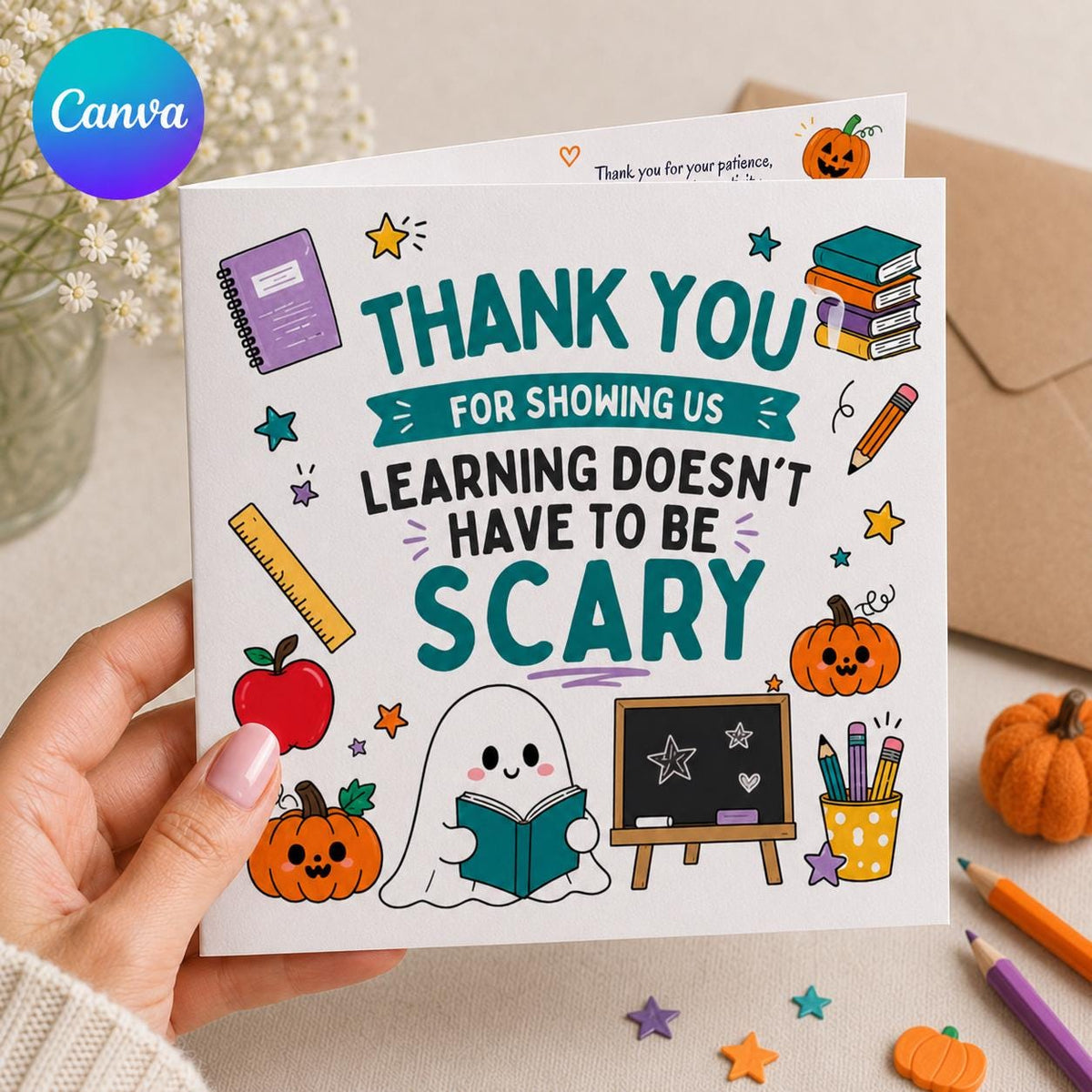 Halloween Teacher Thank You Greeting Card — editable Canva template