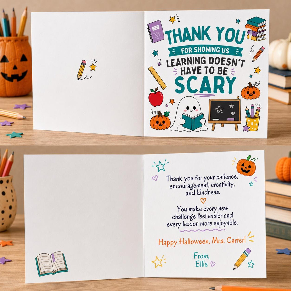 Halloween Teacher Thank You Greeting Card — greeting card you personalize in Canva