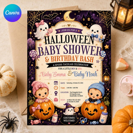 Halloween Twin Baby Shower Invitation — editable Canva template