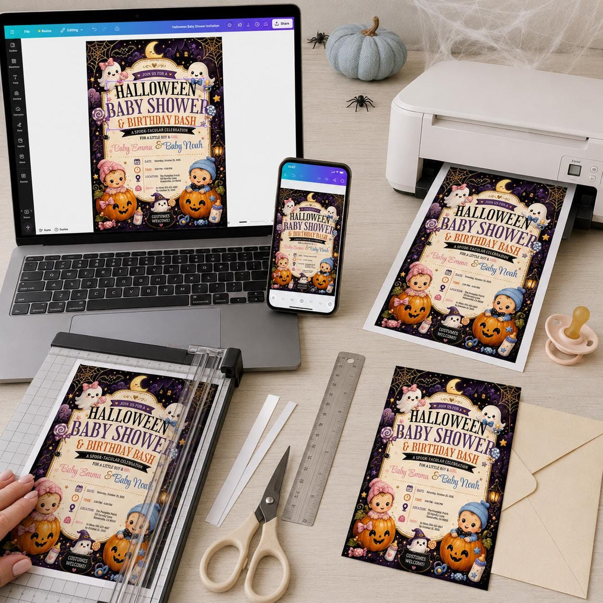 Halloween Twin Baby Shower Invitation — ghost design
