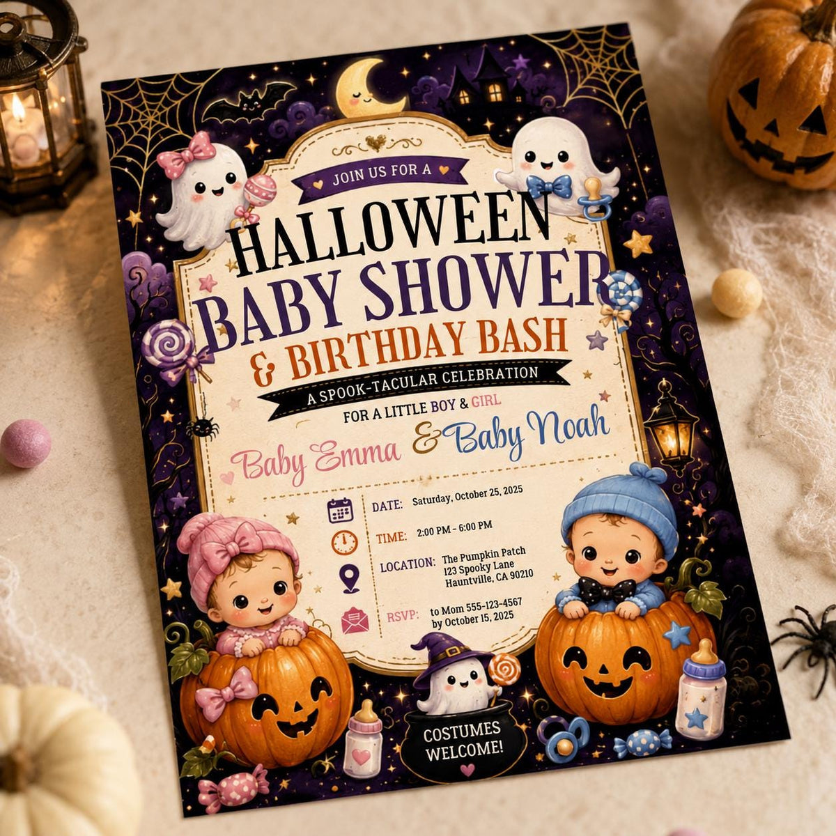 Halloween Twin Baby Shower Invitation — invitation you personalize in Canva