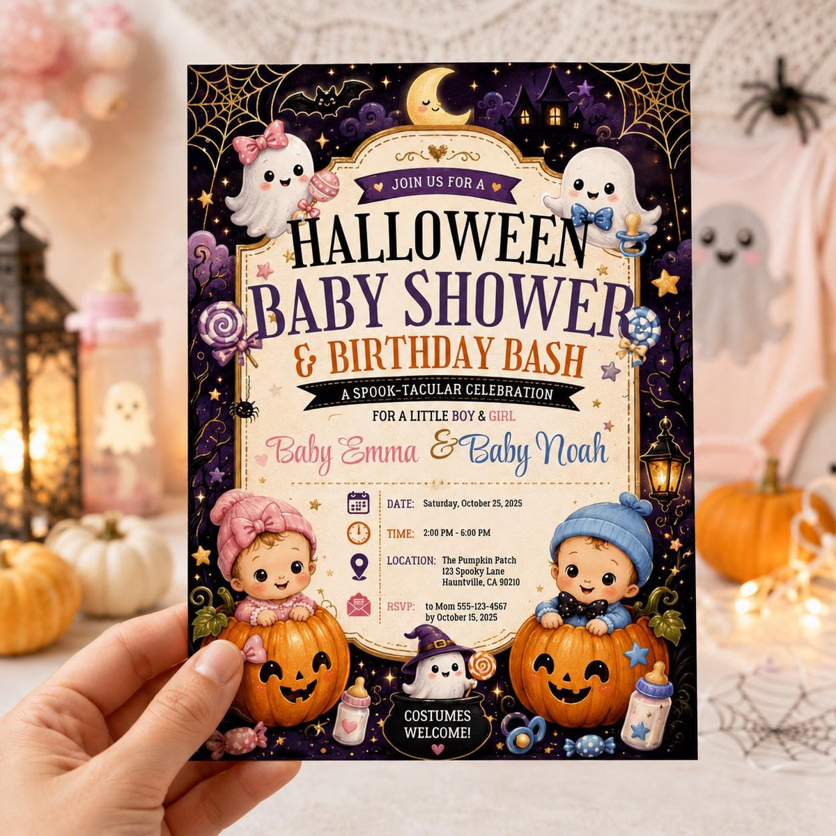 Halloween Twin Baby Shower Invitation — digital invitation, instant download