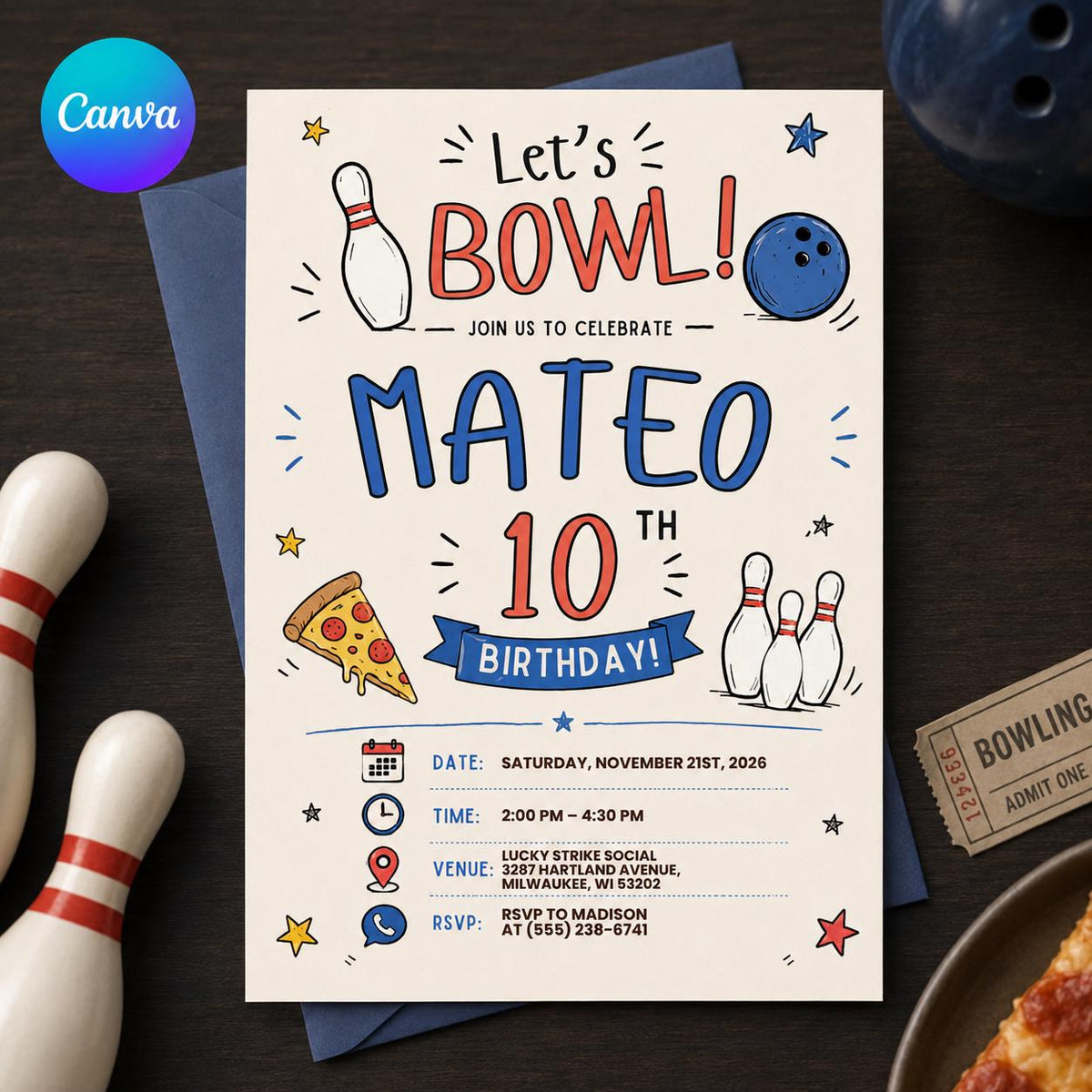 Hand Drawn Bowling 10th Birthday Invitation — editable Canva template