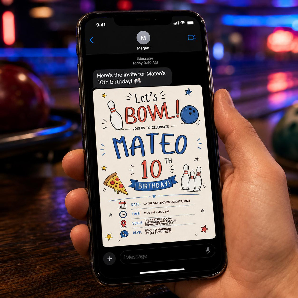 Hand Drawn Bowling 10th Birthday Invitation — pizza design