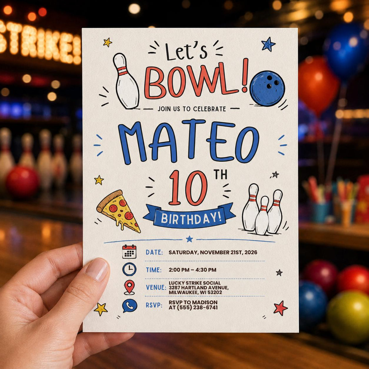 Hand Drawn Bowling 10th Birthday Invitation — invitation you personalize in Canva