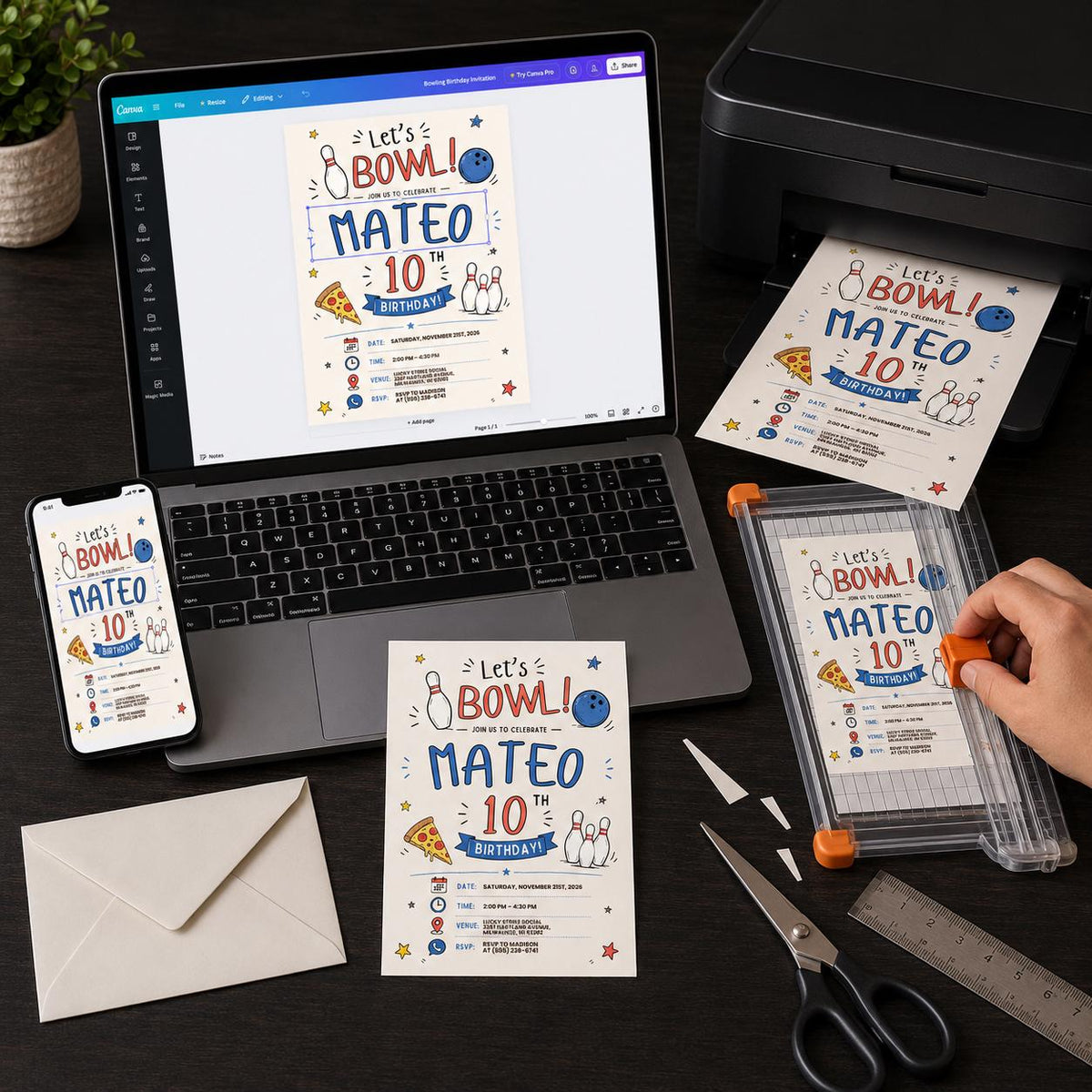Hand Drawn Bowling 10th Birthday Invitation — print-ready 10th birthday party design from VoltBy