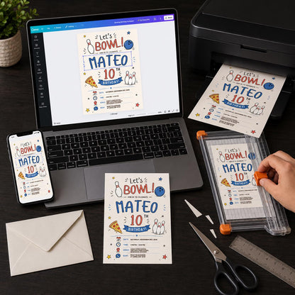 Hand Drawn Bowling 10th Birthday Invitation — print-ready 10th birthday party design from VoltBy