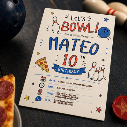 Hand Drawn Bowling 10th Birthday Invitation — digital invitation, instant download