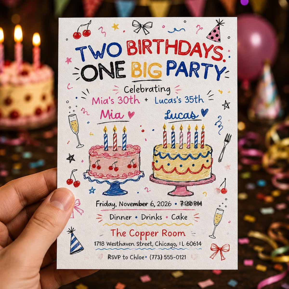 Hand Drawn Joint Birthday Invitation for Adults — invitation you personalize in Canva