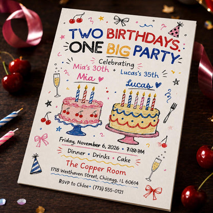 Hand Drawn Joint Birthday Invitation for Adults — digital invitation, instant download