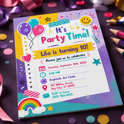 Hand Drawn Pastel Colorful Kids 10th Birthday Invitation — digital invitation, instant download