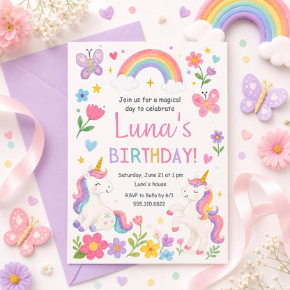 Hand-Drawn Unicorn Birthday Invitation with Rainbow and Butterflies — print-ready birthday party design from VoltBy
