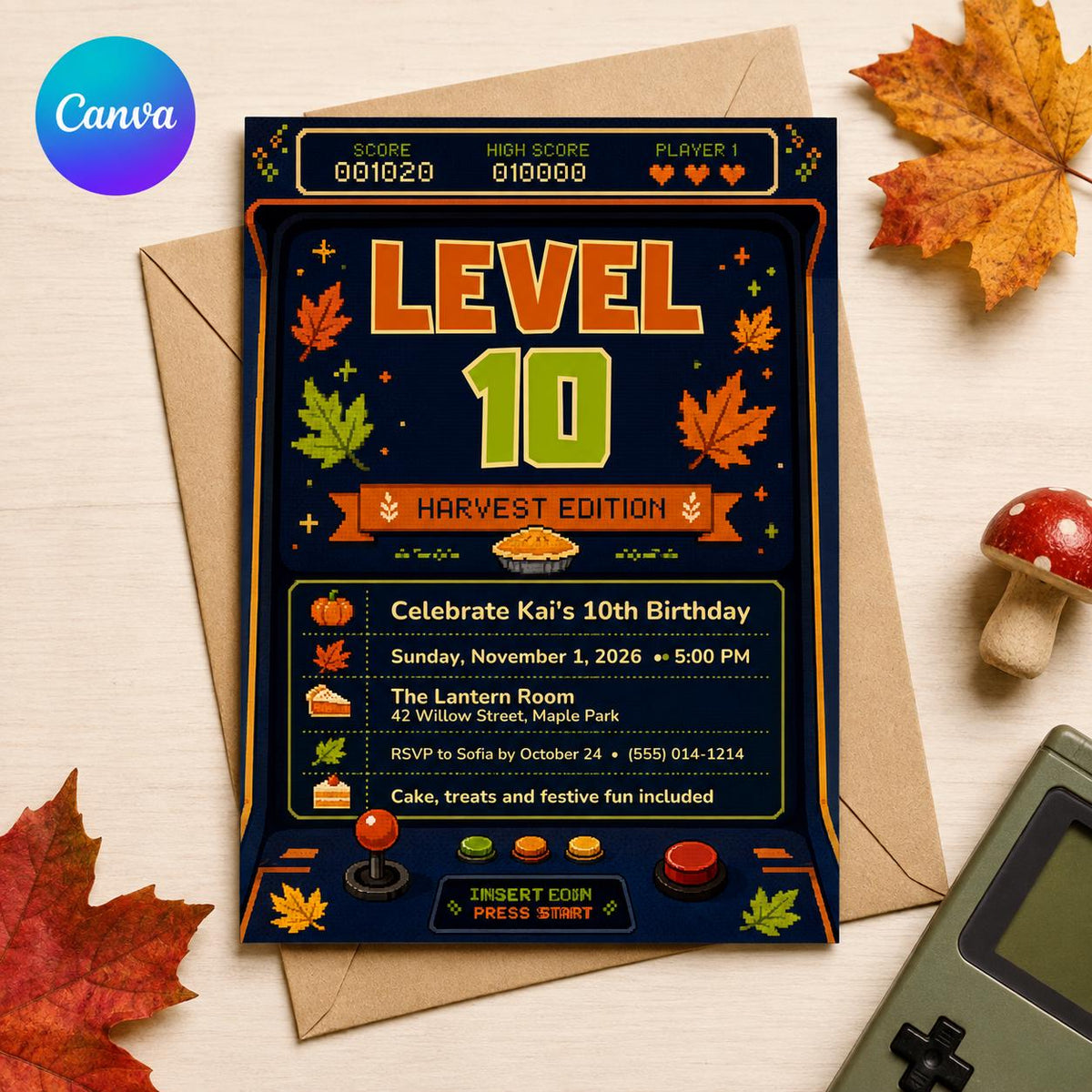 Harvest 10th Birthday Gamer Invitation — editable Canva template