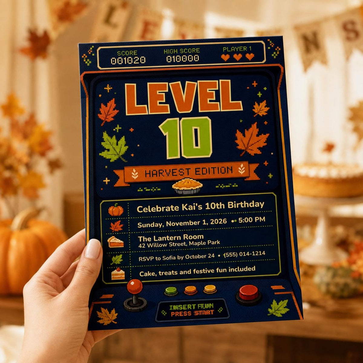 Harvest 10th Birthday Gamer Invitation — print-ready 10th birthday party design from VoltBy