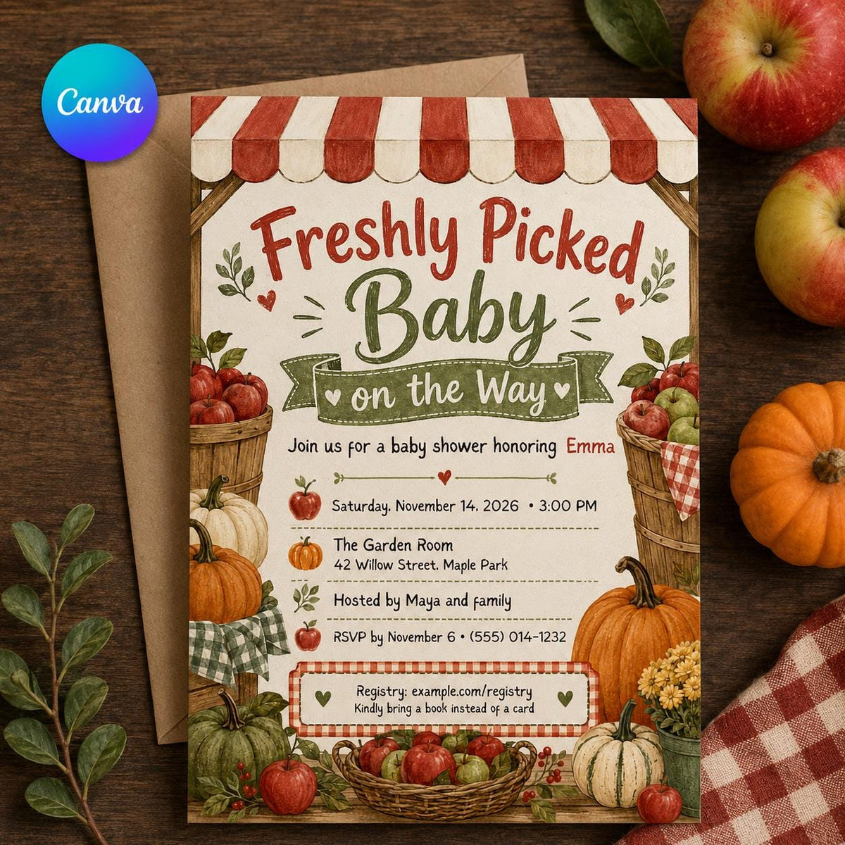 Harvest Apple Baby Shower Invitation — editable Canva template