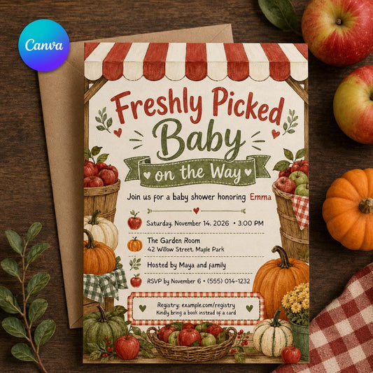 Harvest Apple Baby Shower Invitation — editable Canva template