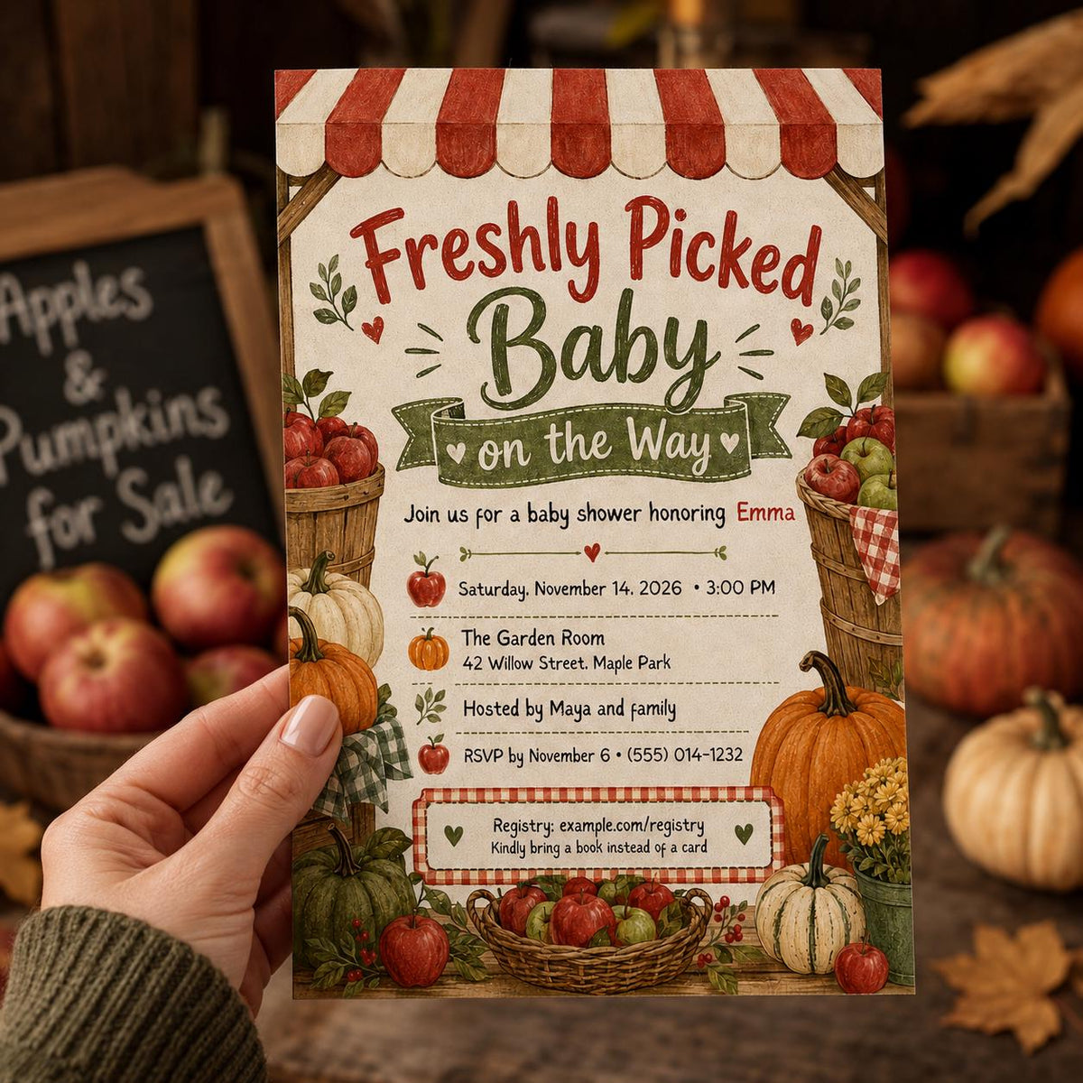 Harvest Apple Baby Shower Invitation — invitation you personalize in Canva