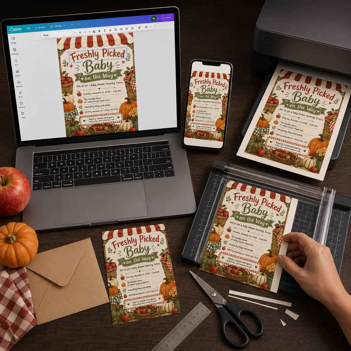 Harvest Apple Baby Shower Invitation — print-ready baby shower design from VoltBy